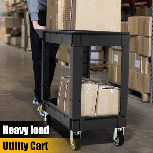 Tooremine Utility Rolling Tool Cart, 40 x 17-Inch Plastic Rolling Carts Huge Storage W/Deep 2-Shelf Heavy Duty Service Carts with Wheels,550 lbs Capacity Organizer for Garage,Warehouse,Workshop-Medium