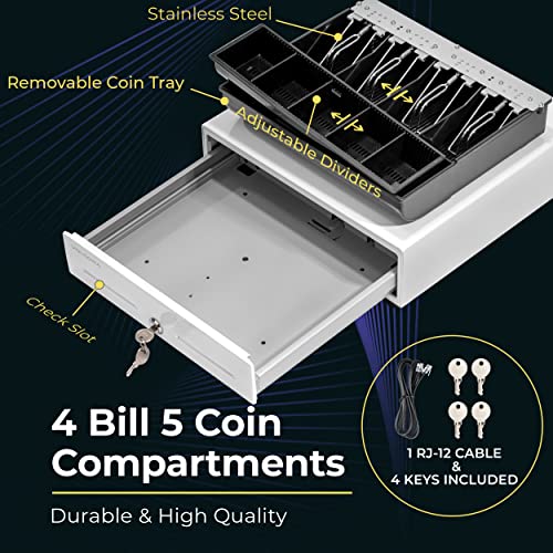 Volcora 13" Manual Push Open Cash Register Drawer for Point of Sale (POS) System, White Heavy Duty Till with 4 Bills and 5 Coin Slots, Key Lock with Fully Removable Money Tray and Double Media Slots