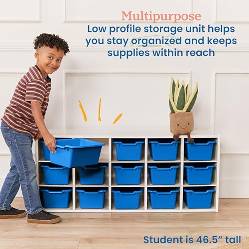 ECR4Kids 15 Cubby Tray Cabinet with Bins, 3x5, White Wash, Blue