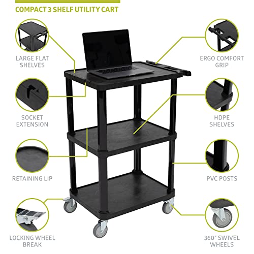 Pearington 3-Tier Compact Multi-Purpose Plastic Utility Cart with Lockable Wheels up to 300LBS, Black