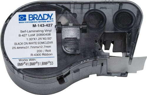 Brady Self-Laminating Vinyl Label Tape (M-143-427) - Black on White, Translucent Tape - Compatible with BMP41, BMP51, and BMP53 Label Makers - 1.25" Height, 1" Width, Black on White/Semiclear