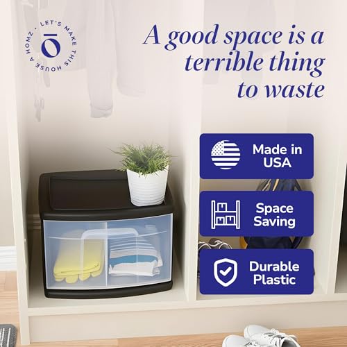 HOMZ Drawer Storage Cart, Wide Plastic Container, Black Frame, 2 Pack