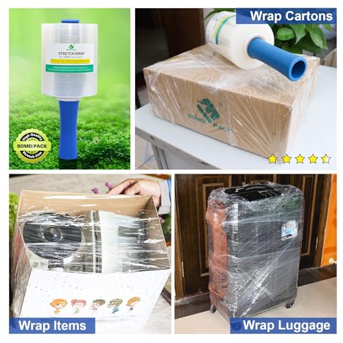 BOMEI PACK 12 Packs Stretch Film Shrink Wrap Roll - 80 Gauge 5" x 1000Ft - Industrial Strength Plastic Wrap with Handle Durable Self-Adhering Mini Clear Wrap for Moving, Packing, Furniture & Pallet