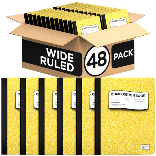 Composition Notebook Wide Ruled Composition Notebooks Bulk Yellow Marble Hard Cover Wide Ruled Notebook Paper Note Books For Schools Marble Composition Books 100 Sheets 200 Pages 9.75” x 7.25” (48 Pack, Yellow)
