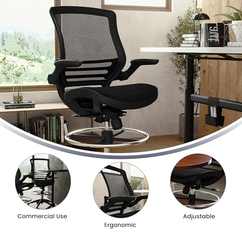BizChair Mid-Back Transparent Black Mesh Drafting Chair with Black Frame and Flip-Up Arms
