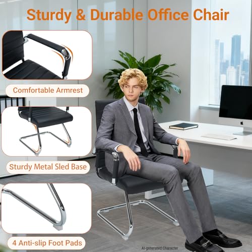 Sidanli Office Reception Chair No Wheels, Stationary Non Rolling PU Leather Mid Back Guest Chair with Sled Base for Conference Waiting Area, Black Set of 2