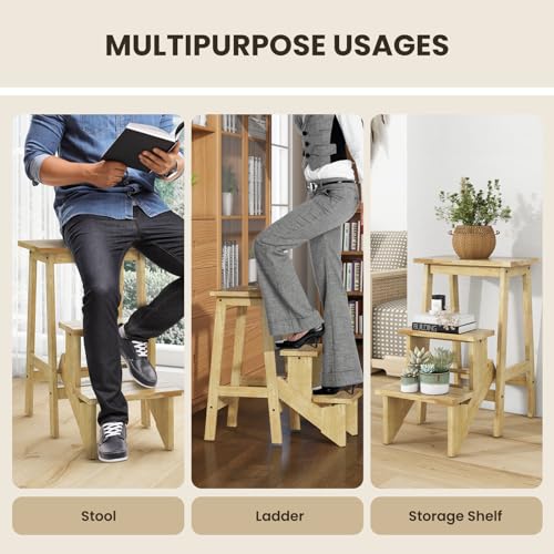 Costzon Folding 3 Step Stool, 3 in 1 Wooden Step Ladder with Handle, Non-Slip Pedal, Multifunctional Storage Shelf, Flower Rack for Kitchen, Library, Garage, Foldable Step Stool for Adults Kids