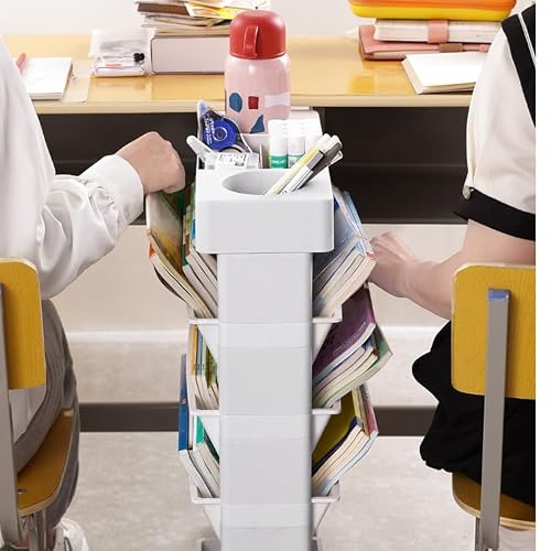 SXHEYUY 5 Tier Book Rack, Mini Space Storage Bookshelf, Large Capacity Decorative Movable Storage Shelving with Colored Pencils, Book Shelf Tall Narrow for Office Bedroom School,Yellow