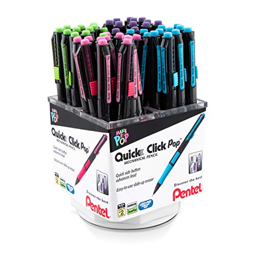 Pentel Quick Click Pop Mechanical Pencil, (0.7mm) Med. Line, Assorted Barrels, Spinner Display - 42 Pieces (PD217A-42)