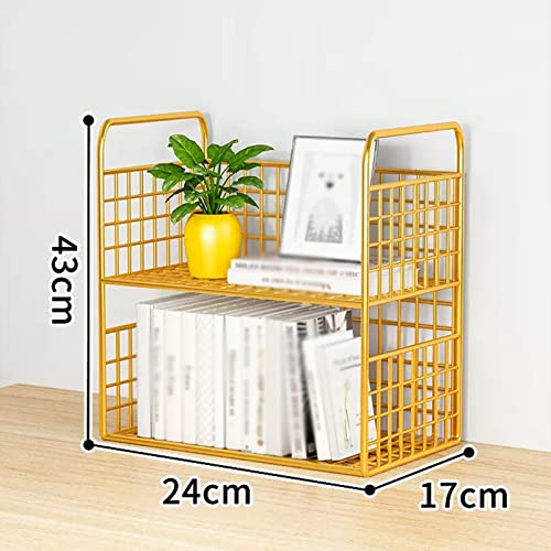Bookcase Desktop Organizers Metal Mesh Design Desktop Small Bookshelf for Office Desk Display Shelf Desktop Corner Organizer and Storage for Dorm, Home Decor, Makeup Shelf, Gold Modern(Small)