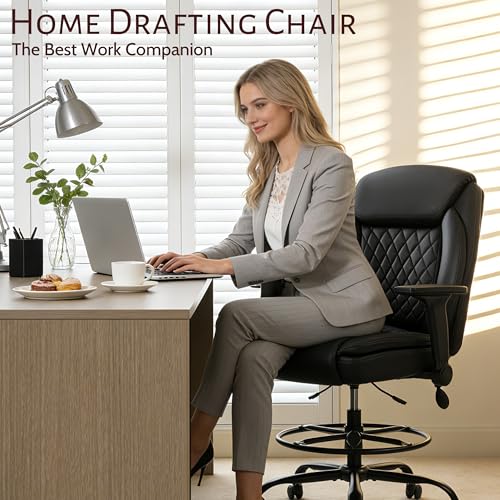 Drafting Chair,Executive Tall Office Chair Flip-up Armrests for Counter Height Desk Drawing Use,High Task Chair with Adjustable Foot Ring & Inflatable Lumbar Support, Swivel Computer Stool,PU Black