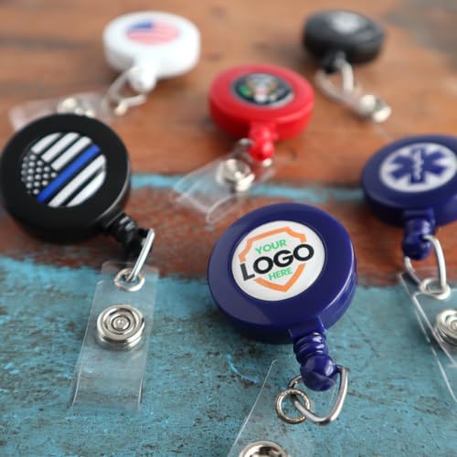 Bulk 100 Pack - Custom Badge Reels Retractable (Upload Your Logo) with Belt Clip - Personalized Full Color Print Dome Label - Company Badge Holders for Medical Staff, Office by Specialist ID (Blue)