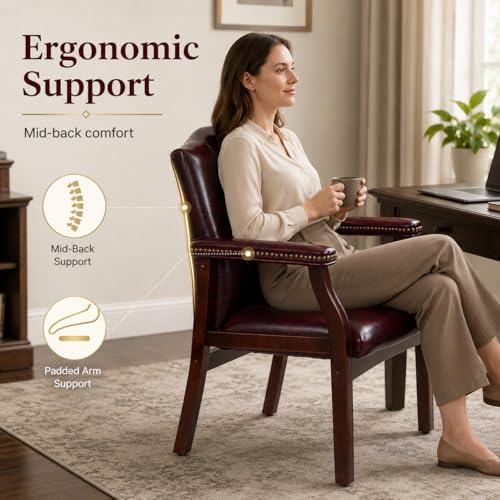 Elyveont Burgundy Leather Office Reception Chair No Wheels with Arms, Guest Waiting Room Chairs with Padded Seat, Executive Side Lobby Chair for Conference, Church, Pastors