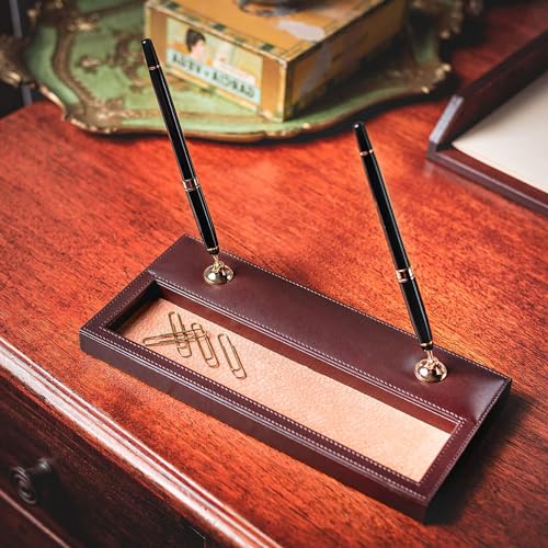 Dacasso Chocolate Brown Leather Double Pen Stand w/Gold Accents - Luxury Executive Decor and Office Desk Surface Protector