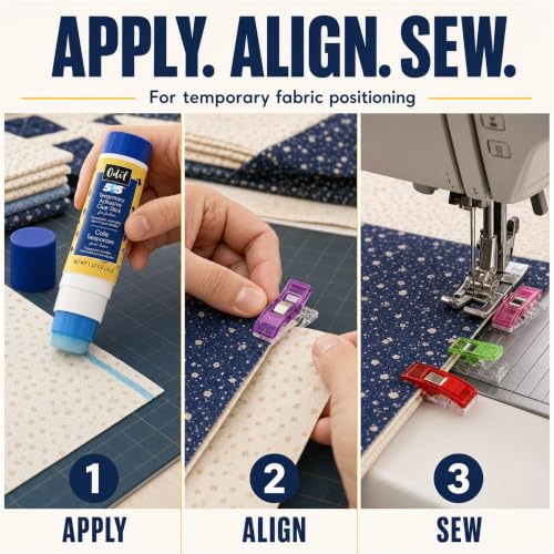 505 Temporary Fabric Glue Sticks (3-Pack) with 20 Pixiss Fabric Clips – Perfect for Sewing, Quilting, Appliqué, and Crafting Projects – Repositionable Adhesive for Fabrics, Fast Drying