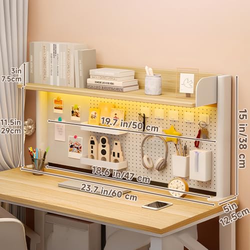 Clamp on Desk Shelf, Multipurpose 2-3 Tier Desk Hutch with Pegboard, Wood Desktop Countertop Storage Organizer Height Adjustable,Desktop Bookshelf for Dorm,Office Home,Walnut tall15in long23in
