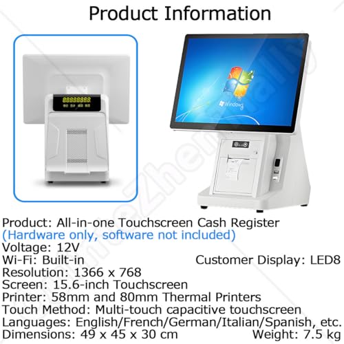 QuinteZhenTially Small Commercial & Retail Cash Register,Smart Single Screen Casher Registers Monitor,Adjustable Screen Angle,8gb + 258gb,for Efficiently Manage Transactions,Inventory 80mmprinter