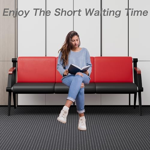 wonline Waiting Room Bench, Office Furniture Reception Chairs with Arms, Leather Chairs is Suitable for Clinic,Airport,Hospital,Barber,Salon,Bank-(Red&Black,3 Seat)