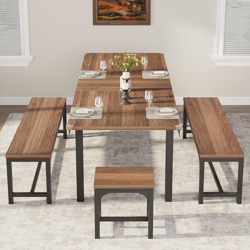 FinerFurnis Space-Saving Extendable Office Desk Set – Modern MDF Table with Metal Frame, for 4-8, Includes 2 Long & 2 Short Wooden Benches, Walnut Color Plate + Black Iron Frame