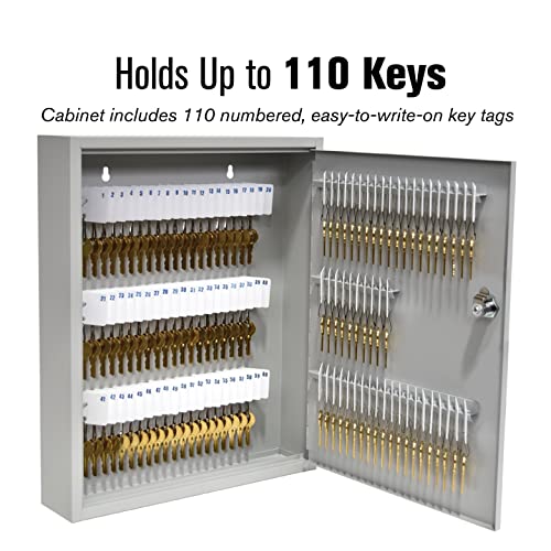 BankSupplies STEELMASTER 110 Key Cabinet Single Lock Key Box Welded Steel Scratch Resistant with Numbered Write-On Key Tags for Easy Identification 14W x 17H Inches