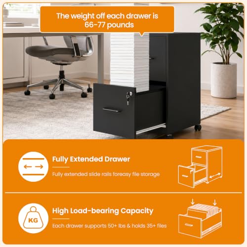 Yukimo 2 Drawer File Cabinet with Wheels, Metal Mobile Filing Cabinets with Lock, Vertical File Cabinet for Home Office, Rolling Storage Cabinet for A4/Letter/Legal Size File, Assembly Required, Black