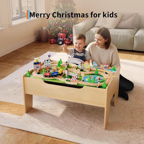 IDEALHOUSE 78-Piece Wooden Train Table Set for Kids – Reversible Top