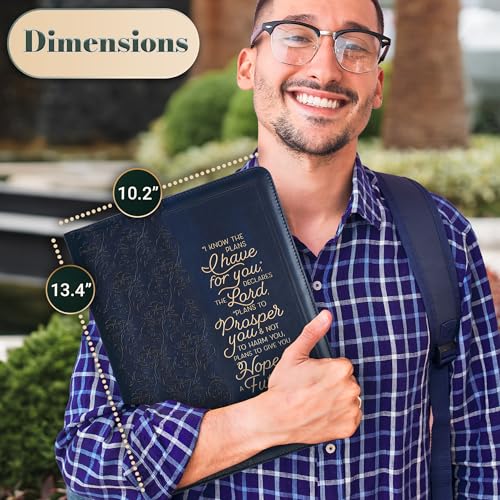 Christian Art Gifts Premium Vegan Leather Inspirational Scripture Zippered Portfolio for Women & Grads: I Know the Plans Bible Verse, Notepad/Pen/Highlighter Combo, Card Slots, Navy Blue & Gold Floral