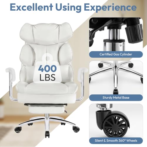 Big and Tall Executive Office Chair, Ergonomic Chair with Footrest, White
