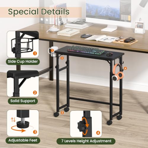 Snughome Mobile Keyboard Tray with Wire Cup Holder & 2 Storage Hooks, Height Adjustable 27.5"–44.4", Rolling Standing Desk Keyboard Platform with Lockable Casters for Home Office, Black