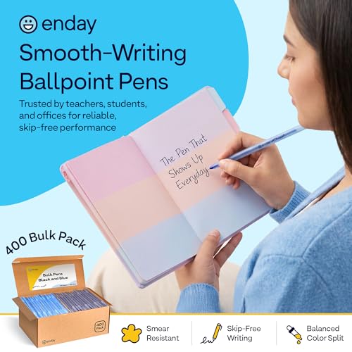 Enday Ballpoint Pens Bulk Blue and Black Pens (400 Pack) 200 Black & 200 Blue - Medium Point (1.0mm) Flexible Round Barrel For Writing Comfort, Pens Bulk for School, Home and Office.