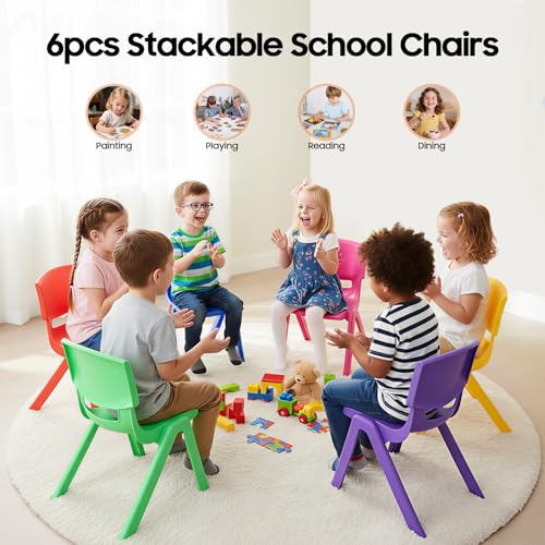 DEIGEHJRE 6PCS Plastic School Chair, Colorful School Stackable School Chairs with for Kids Learning Chairs Indoor Outdoor for Home, Preschool, Daycare Center