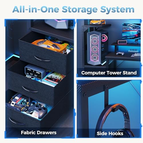 DUMOS 59” Reversible Gaming Computer Desk with Drawers and Power Outlet