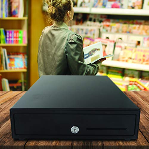 APG Standard- Duty 13” Electronic Point of Sale Cash Drawer | Vasario Series VB320-1-BL1313-B27 | with CD-101A Cable | Printer Compatible | Plastic Till with 4 Bill/ 4 Coin Compartments | Black