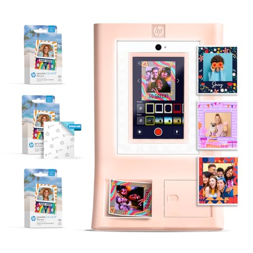 HP Sprocket Photo Booth Machine Instant Color Photo Printer (Pink) Paper Bundle + Zink 3.5 x 4.25” Zink Sticky-Backed Photo Paper (310 Sheets)