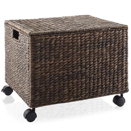 Casafield Rolling Filing Cabinet, Espresso Dark Brown - Water Hyacinth File Organizer with Lid and Wheels, Home Office Storage for Hanging Folders