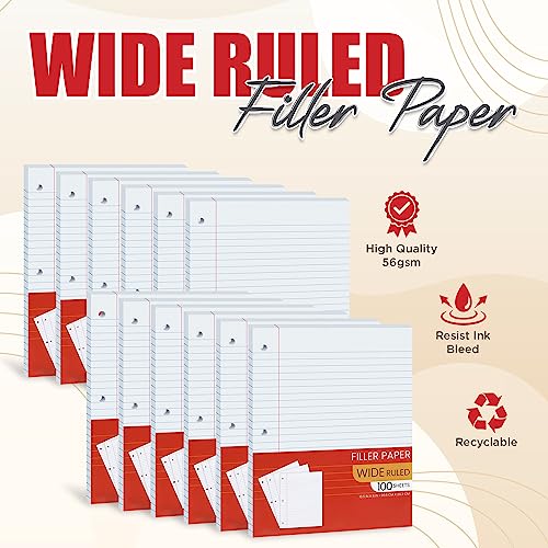 Notebook Paper Wide Ruled, Loose Leaf Paper Wide Ruled Notebook Paper Bulk, Lined Filler Paper for 3 Ring Binders - 10.5” X 8", for Student, College, School Classroom - 100 Sheets/Pack (12 Pack)