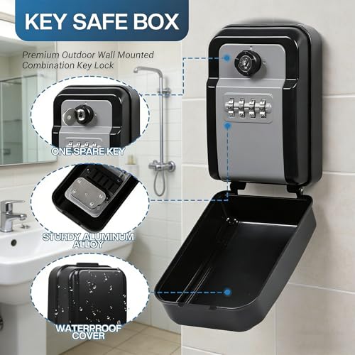 Upgraded Wall Mount Safe Box with 4 Digit Combination and Backup for Secure Weatherproof Storage of Keys and Valuables Weather Storage