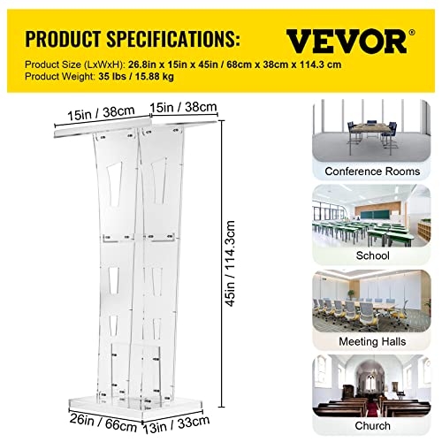 VEVOR Acrylic Podium 45" Tall Plexiglass Podium 26.8"x15" Table Acrylic Pulpits for Churches with 8 mm Thick Acrylic Board Acrylic Podiums and Lecterns Design for Lecture Recital Speech & Presentation