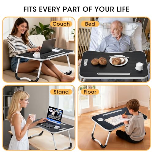 Frpufi Folding Lap Desk, 23.6 Inch Wood Laptop Bed Desk with Cup Holder, Portable Bed Table for Working Writing Reading & Eating for Bed, Sofa, Couch, Floor - Black