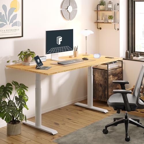 FLEXISPOT E6 Pro Organic Modern Bamboo Standing Desk, Electric Dual Motor 3-Stage Height Adjustable Desk with Oval Legs, Heavy Duty 330lbs, 48" x 24" Bamboo Desktop, White Frame