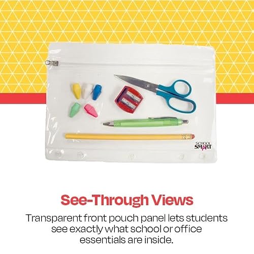 School Smart Zippered Ring Binder Pouches, 7 x 10 Inches, Clear and White Vinyl, Pack of 24