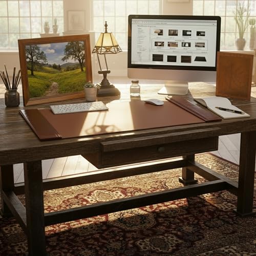 Dacasso 34" x 20" Mocha Leather Desk Pad with Side Rails - Executive Desk Surface Protector - Luxury Leather Blotter for Writing