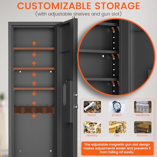 kavey 53.15" Wall Safe Between the Studs, Biometric Hidden Wall Safe with LCD Keypad & Dual Alarm, Wall Gun Safe with 5 Adjustable Shelves & Magnetic Slot (Black-Biometric)