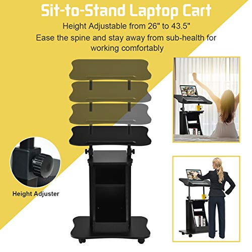 DORTALA Laptop Cart, Height Adjustable, Podium Desk Stand, w/Wheels, Sit-to-Stand Rolling Stand Laptop Desk Cart, w/Swivel Top and Storage, Ideal for Home Office, Black