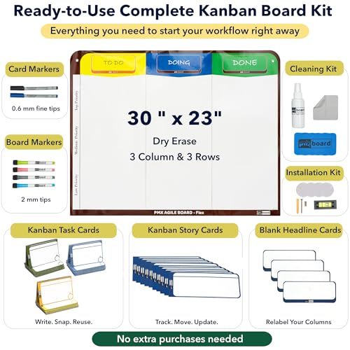 PMXBOARD 3-Column Magnetic Kanban Board Kit – Board + 47 Magnetic Cards | Flex Dry Erase Scrum & Project Planning Whiteboard