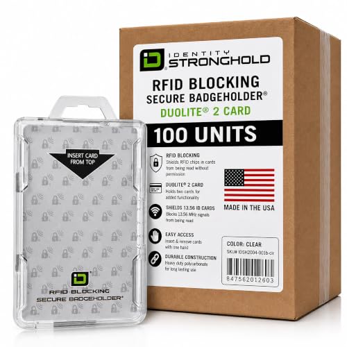 ID Stronghold - RFID Blocking Secure Badge Holder - Duolite 2 Card ID Holder - Poly Carbonate - Heavy Duty Hard Plastic ID Badge Holder - Molded and Assembled in The USA (Clear, 100)