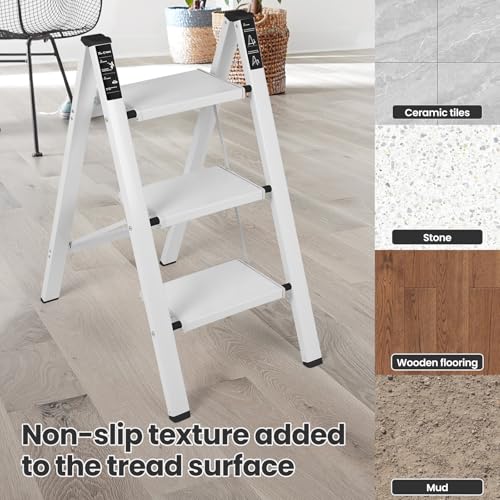 Dollate Aluminum 3 Step Ladder, Folding Step Stool with Non-Slip and Sturdy Wide Tread, Portable for Household and Kitchen, Foldable Step Stool, White, 330Lbs Ladders for Home