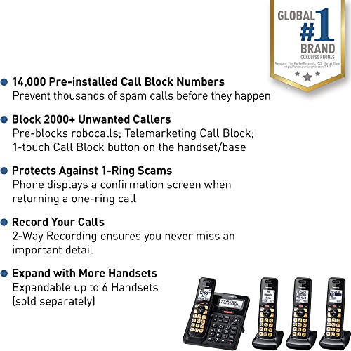 Panasonic Cordless Phone with Advanced Call Block, One-Ring Scam Alert, and 2-Way Recording, Cordless Phone with Answering Machine, 4 Handsets - KX-TGF944B (Black)