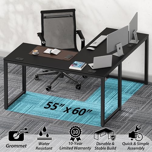 SHW 55 x 60 Commercial-Grade L-Shape Corner Office Computer Desk, Black