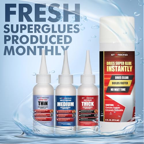 STARBOND CA Glue with Activator Kit – Thin, Medium & Thick 2 oz Bottles with 6 oz Accelerator – Premium Cyanoacrylate Super Glue Bundle for Woodworking, Woodturning, Hobby Models Crafts & 3D Printing